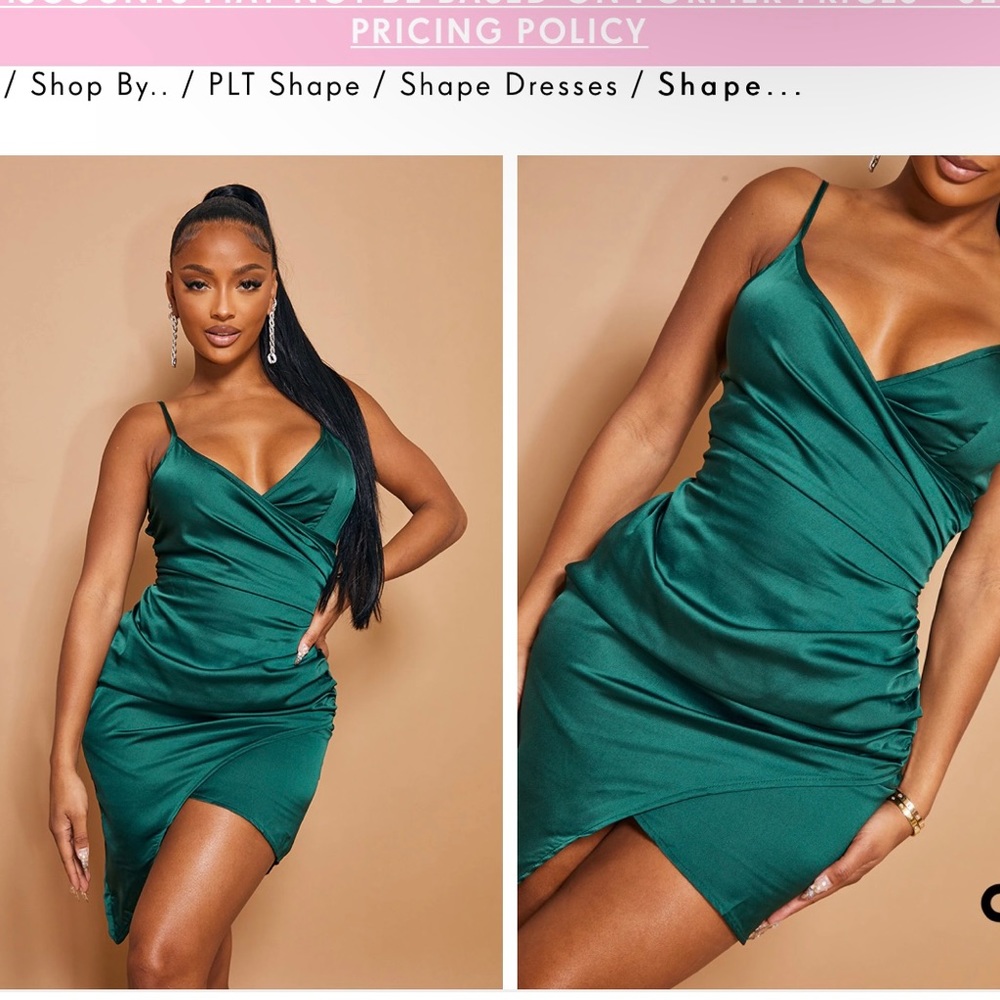 Pretty Little Thing Womens Satin Emerald Green Bodycon Wrap Midi Dress